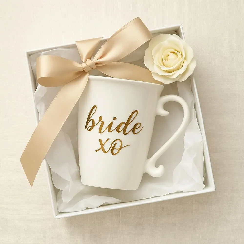 Williams Sonoma “Bride XO” Porcelain Coffee Mug – 14 oz Metallic Gold Script